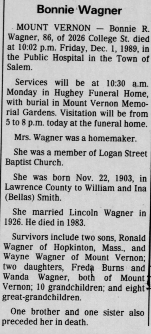 Obituary for Bonnie R. Wagner, 1903-1989 (Aged 86)